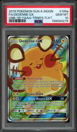 2019 Pokemon Unbroken Bonds Dedenne GX 195a/214 PSA 10 Gem Mint Full Art S&M - Image 1