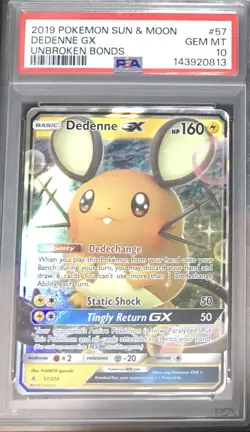 2019 pokemon sun and moon Dedenne GX Unbroken Bonds PSA 10 - Image 1