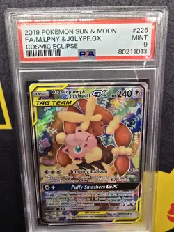 2019 Pokemon Sun & Moon Cosmic Eclipse Mega Lopunny & Jigglypuff GX #226 PSA 9 - Image 2