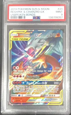 Pokemon 2019 Unbroken Bonds Reshiram & Charizard GX 20/214 Holo PSA 9 - Image 1