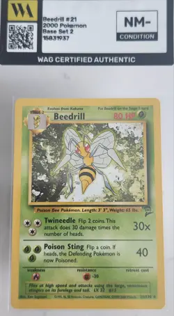 WAG Certified NM- Beedrill 21/130 Rare Base Set 2 Pokemon Card Vintage Tcg Wotc - Image 1