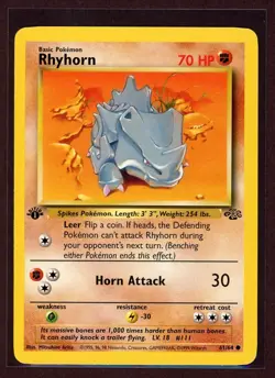 1st Ed Rhyhorn Non-Holo 1999 WOTC Pokemon Card 61/64 Jungle Set NM - Image 1
