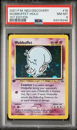 Pokemon PSA 8 1st Edition Neo Discovery Wobbuffet Holo Rare 16/75 NM-MINT - Image 1