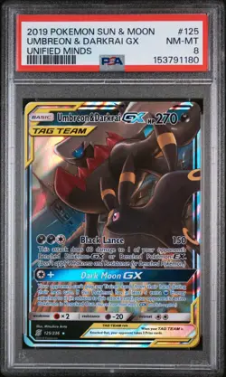 PSA 8 2019 Pokemon Sun & Moon Unified Minds UMBREON & Darkrai GX #125 Tag Team - Image 1