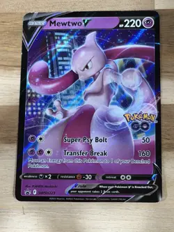 Pokemon TCG Card SWSH223 Mewtwo V Pokemon Go Black Star Promo Creased Corner - Image 1