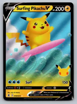 Surfing Pikachu V 008/025 Holo V Rare Celebrations Pokemon Holo Lightly Played - Image 1