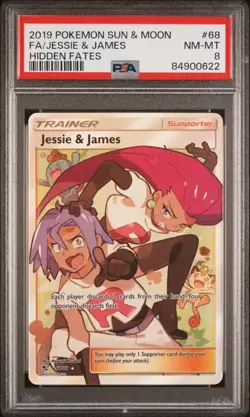 PSA 8 NM-MT Jessie & James (Full Art) 68/68 Hidden Fates Holo Pokemon 2019 - Image 1