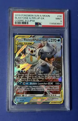 2019 Pokemon Sun & Moon Blastoise & Piplup GX Cosmic Eclipse #38 PSA 9 MINT - Image 1