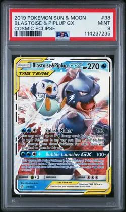 2019 POKEMON COSMIC ECLIPSE BLASTOISE & PIPLUP GX #38 PSA 9 MINT #114237235 - Image 1