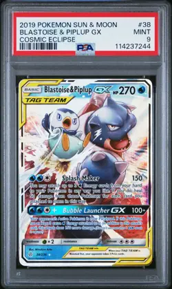 2019 POKEMON COSMIC ECLIPSE BLASTOISE & PIPLUP GX #38 PSA 9 MINT #114237244 - Image 1