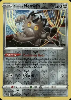 Galarian Meowth 126/192 Common Rebel Clash Pokemon Reverse Holo Lightly Played - Image 1