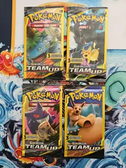 Pokemon Sun and Moon Team Up 3 Card Mini Booster Packs Complete Art Set Lot of 4 - Image 1