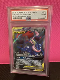 Pokemon Greninja & Zoroark GX 200/214 Sun & Moon Unbroken Bonds PSA 9 - Image 1