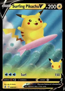 Surfing Pikachu V 008/025 Holo V Rare Celebrations Pokemon Near Mint - Image 1