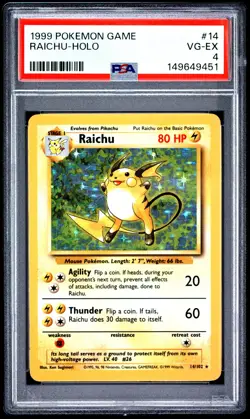 1999 POKEMON BASE SET UNLIMITED #14 RAICHU-HOLO PSA 4 - Image 1