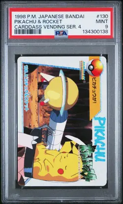 1998 POKEMON JPN BANDAI CARDDASS VENDING SER 4 #130 PIKACHU & ROCKET PSA 9 - Image 1