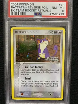 2004 Pokemon EX Team Rocket Returns Rattata Reverse Foil 72/109 PSA 8 NM-MT - Image 1