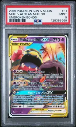 2019 Pokemon Sun and Moon Unbroken Bonds Muk and Alolan Muk Gx #61 PSA 9 - Image 1