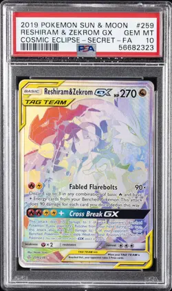 2019 POKEMON SUN & MOON COSMIC ECLIPSE #259 FULL ART/RESHIRAM & ZEKROM GX PSA 10 - Image 1