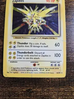 Pokemon TCG Zapdos Base Set Holo Rare 16/102 1999 HP - Image 3