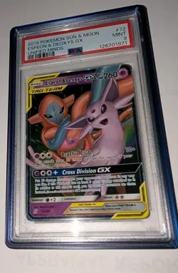 Pokemon Espeon & Deoxys GX - PSA 9 - #72 Unified Minds Sun & Moon with Cover - Image 2