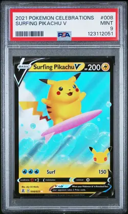 2021 POKEMON CELEBRATIONS #008 SURFING PIKACHU V PSA 9 - Image 1