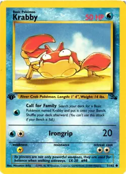 Pokemon TCG Krabby 51/62 Fossil Common 1st Edition VLP - Image 1
