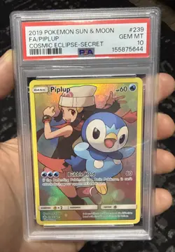 PSA 10 Piplup (Secret) 239/236 Cosmic Eclipse Holo Full Art 2019 Pokemon Card - Image 1