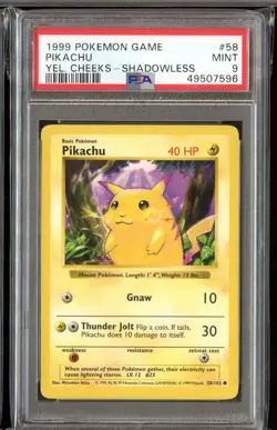 Pikachu Common Yellow Cheek Shadowless Base Set 58/102 PSA 9 Mint Pokemon - Image 1