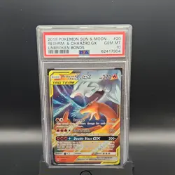 Pokemon 2019 Unbroken Bonds Reshiram & Charizard GX 20/214 Holo PSA 10 - Image 1