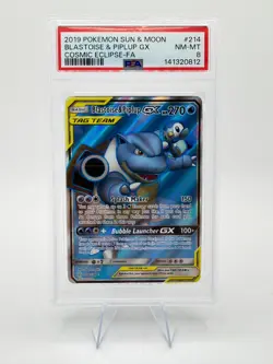 2019 Pokemon S&M Cosmic Eclipse TAG TEAM Blastoise & Piplup GX #214 | PSA 8 - Image 1