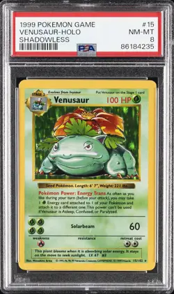 1999 POKEMON GAME SHADOWLESS #15 VENUSAUR-HOLO PSA 8 - Image 1