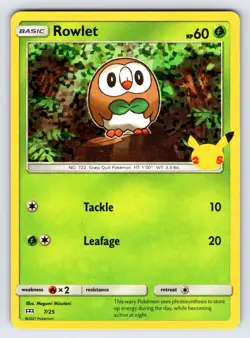 Rowlet 7/25 2021 McDonald's 25th Anniversary Pokemon Card TCG Promo Holo - Nm - Image 1