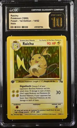 Pokemon Raichu Fossil 1st Edition CGC Pristine 10 1999 Holo Rare 14/62 - Image 1