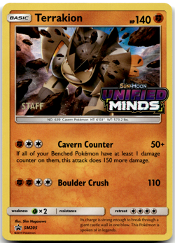 Terrakion SM205 STAFF Pre Release Promo Unified Minds Pokemon Card NM - Image 1