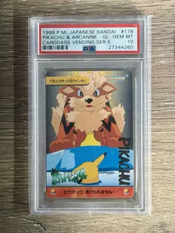 1999 Pokemon Japanese Bandai Carddass Vending Series 5 Pikachu VS Arcanine PSA10 - Image 1