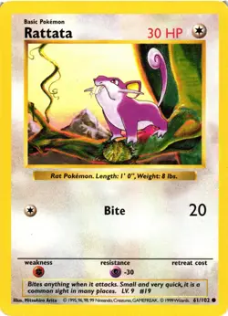 Pokemon TCG Rattata 61/102 Base Set Shadowless Common LP/MP - Image 1