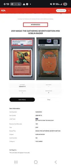 Goblin Raider 2001 Magic: The Gathering 7th Edition #192 PSA 10 Pop 1 - Image 3