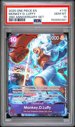 2025 ONE PIECE OP05 119 MONKEY D LUFFY ENGLISH 2ND ANNIVERSARY SET PROMO PSA 10 - Image 1