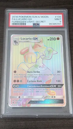 LUCARIO GX 2018 Pokemon #135/131 PSA 9 MINT Forbidden Light SECRET RARE! - Image 1