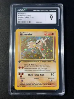 1st Ed. HITMONLEE HOLO 7/62 Fossil 1999 Pokemon Card CGC 9 MT - Image 1