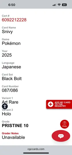 CGC Pristine 10 Snivy 087/086 SV11B Black Bolt Holo Art Rare JP 2025 - Image 5