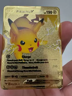 Pikachu V 190HP Gold Metal Card – Pokemon Style Fan Art Display Collectible - Image 1