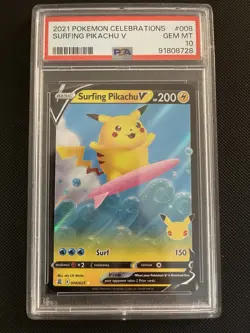 Surfing Pikachu V 2021 Pokemon Celebrations PSA 10 GEM MINT 008/025 - Image 1