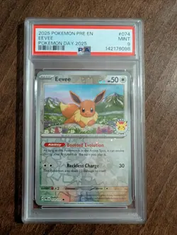 Eevee 2025 Pokemon Day 074/131 Prismatic Evolution Stamped Promo English PSA 9 - Image 1