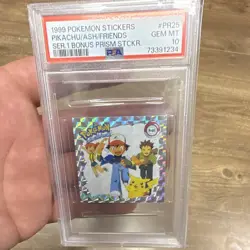 1999 Pokemon Stickers Pikachu/Ash/Friends PR25 Promo Bonus Prism PSA 10 - Image 1