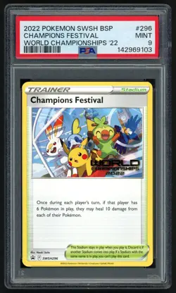 Pokemon Champions Festival Promo SWSH296 Pikachu Worlds 2022 ENGLISH PSA 9 - Image 1