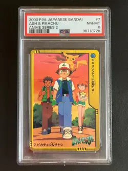 PSA 8 Ash & Pikachu Anime Series 2 #7 Japanese Bandai Card Pokemon 2000 - Image 1