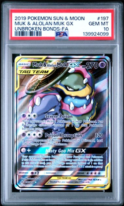 MUK & ALOLAN MUK GX 2019 POKEMON SUN & MOON UNBROKEN BONDS FA #197 PSA 10 - Image 1