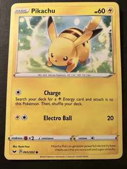 Pikachu 065/202 Pokemon Sword & Shield Base Set Regular LP - Image 1